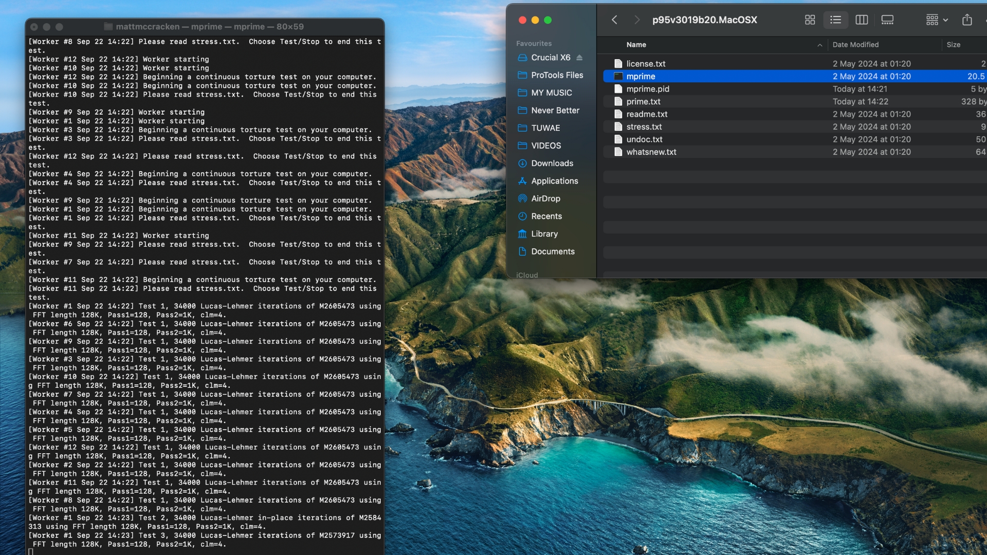 An instance of Prim95 running on a MacBook Pro