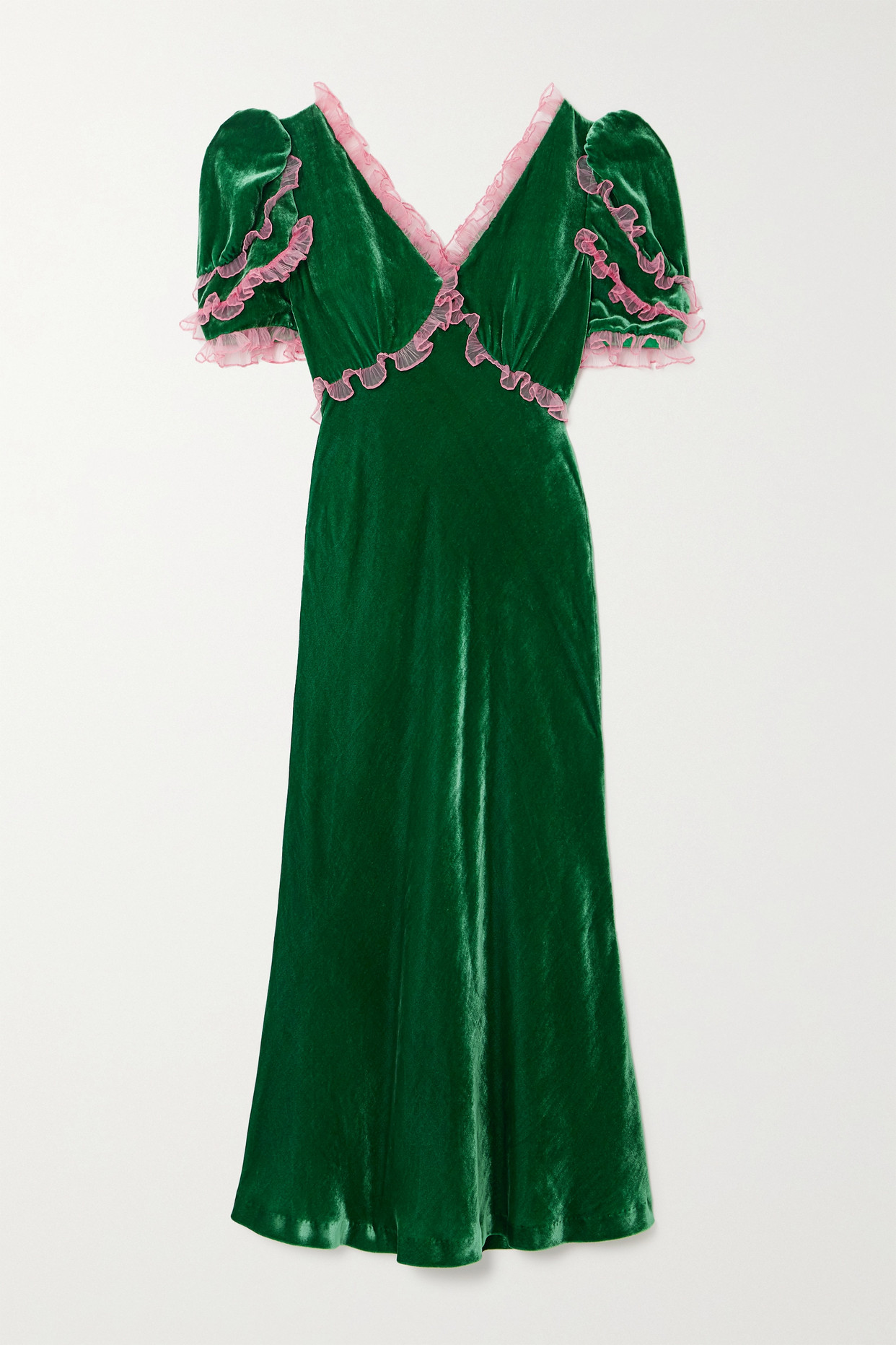 Anais Ruffled Tulle-Trimmed Velvet Midi Dress