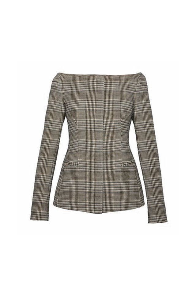 Clothing, Outerwear, Sleeve, Blazer, Tartan, Pattern, Beige, Jacket, Plaid, Design,