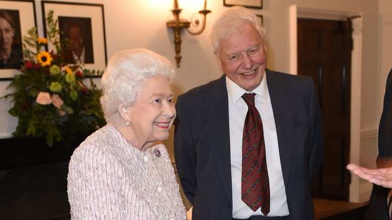 Britain's Queen Elizabeth II (L) reacts as she talks with television presenter David Attenborough during an event at Buckingham Palace in central London on November 15, 2016, to showcase forestry projects that have been dedicated to the new conservation initiative - The Queen's Commonwealth Canopy (QCC). (Photo by Yui Mok / POOL / AFP) 
