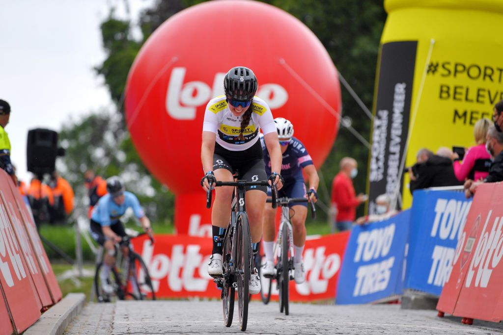 GERAARDSBERGEN BELGIUM JUNE 25 Pfeiffer Georgi of The United Kingdom and Team DSM white best young jersey at arrival during the 9th Lotto Belgium Tour 2021 Stage 3 a 1011km stage from Geraardsbergen to Geraardsbergen 101m LottoBelgTour LottoBelgiumTour on June 25 2021 in Geraardsbergen Belgium Photo by Luc ClaessenGetty Images