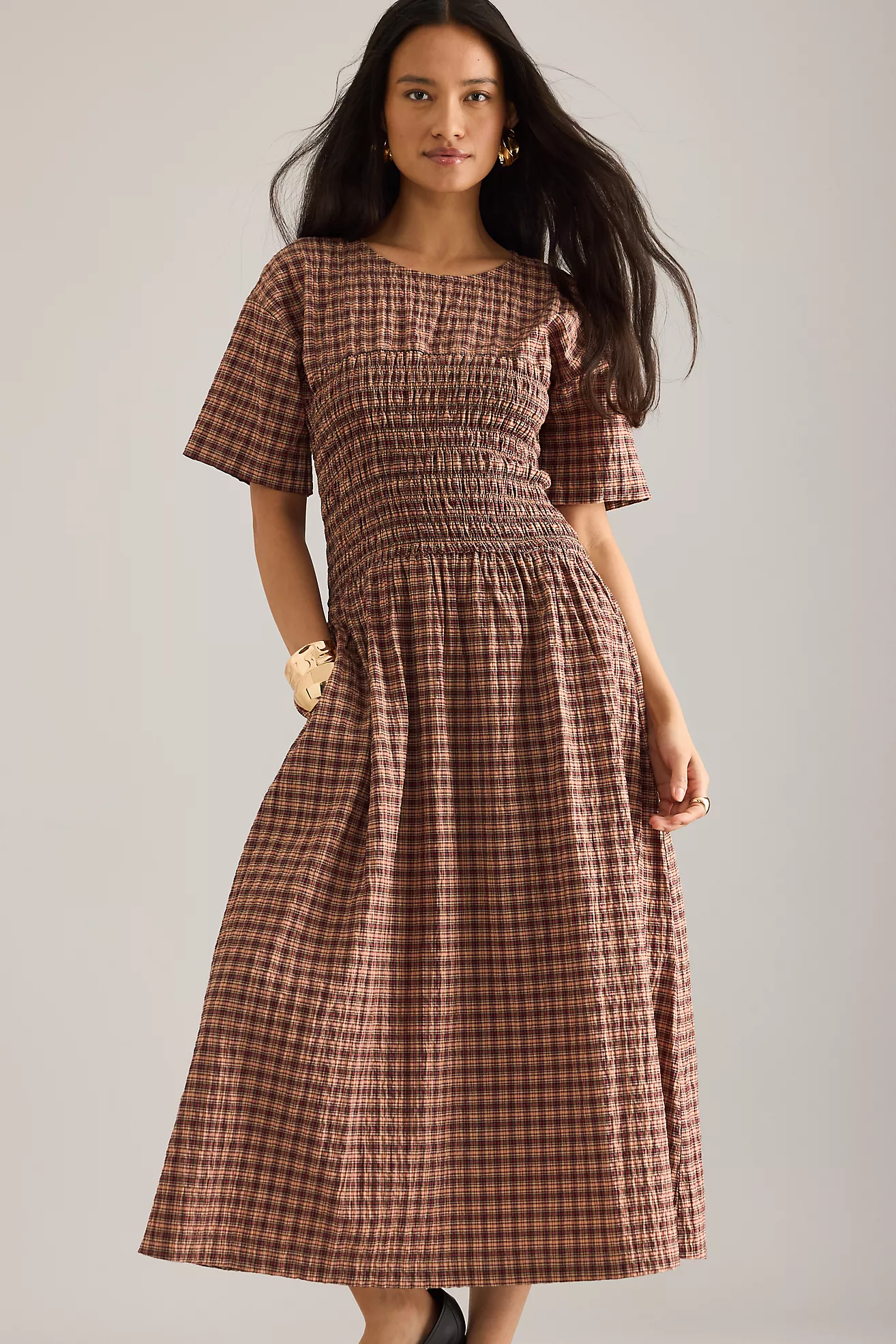 By Anthropologie Fern Smocked Short-Sleeve Midi Dress