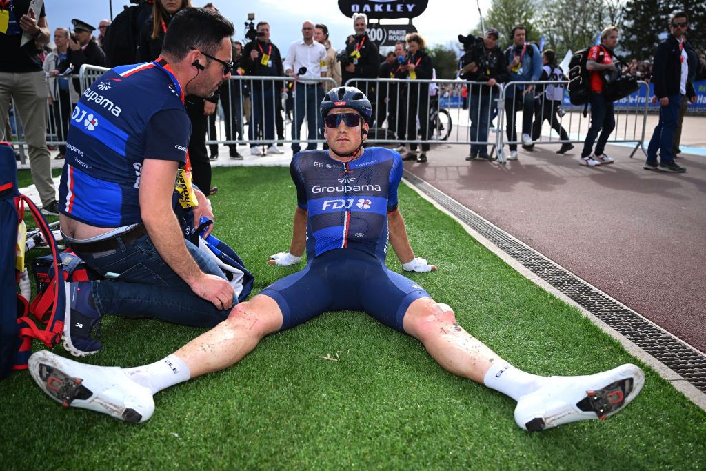 ROUBAIX FRANCE APRIL 07 Stefan Kung of Switzerland and Team Groupama FDJ reacts after the 121st ParisRoubaix 2024 a 2597km one day race from Compiegne to Roubaix UCIWT Roubaix Velodrome Velodrome Andre Petrieux on April 07 2024 in Roubaix France Photo by Dario BelingheriGetty Images