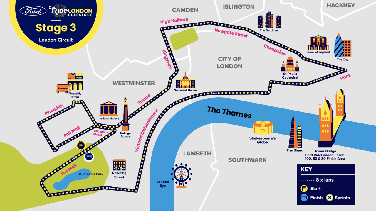 Stage 3 route map of 2023 RideLondon Classique