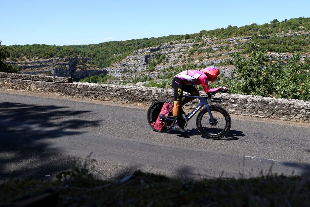 ROCAMADOUR FRANCE JULY 23 Stefan Bissegger of Switzerland and Team EF Education Easypost sprints during the 109th Tour de France 2022 Stage 20 a 407km individual time trial from LacapelleMarival to Rocamadour TDF2022 WorldTour on July 23 2022 in Rocamadour France Photo by Michael SteeleGetty Images