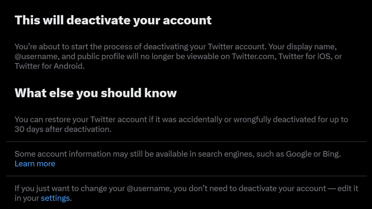 Twitter settings for account deactivation