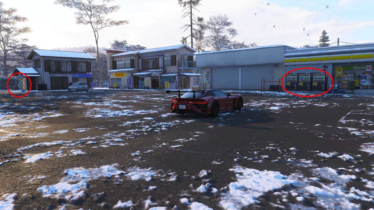 Forza Horizon 6 vending machines: A red GR GT parked in a snowy parking lot, with two red circles showing vending machines nearby.