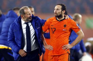 Holland assistant trainer Danny Blind, Daley Blind of Holland celebrate victory during the World Cup qualifier match between the Netherlands and Norway at Stadion de Kuip on November 16, 2021 in Rotterdam, Netherlands. KOEN VAN WEEL (Photo by ANP Sport via Getty Images)