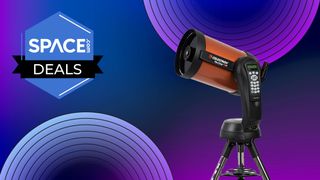 Celestron NexStar 8SE telescope with orange optical tube on a blue background featuring disco circles with a space.com logo in the top left corner