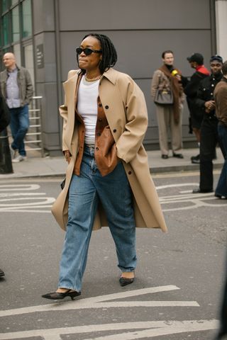 trench coat and jeans outfit