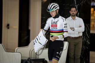 Tadej Pogacar is at the UAE Emirates Cycling Team pre-season training camp in Benidorm, Spain, on December 10, 2024. (Photo by Jose Miguel Fernandez/NurPhoto via Getty Images)