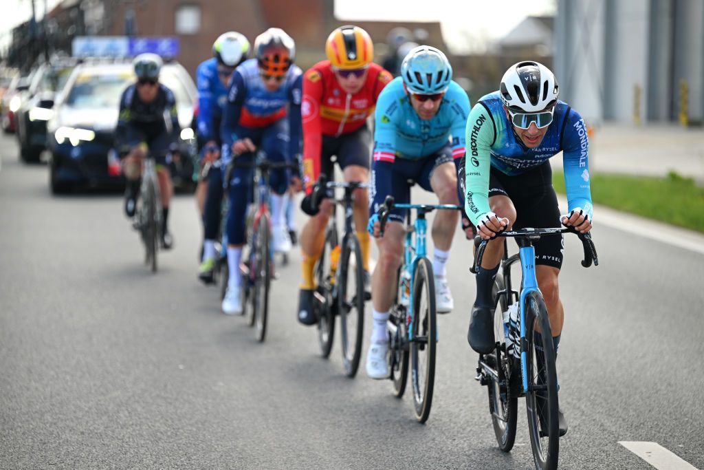 WEVELGEM BELGIUM MARCH 24 Dries De Bondt of Belgium and Decathlon AG2R La Mondiale Team competes in the breakaway during the 86th GentWevelgem in Flanders Fields 2024 Mens Elite a 2531km one day race from Ieper to Wevelgem UCIWT on March 24 2024 in Wevelgem Belgium Photo by Tim de WaeleGetty Images