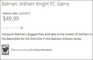 Microsoft Store's release date for Batman: Arkham Knight on PC
