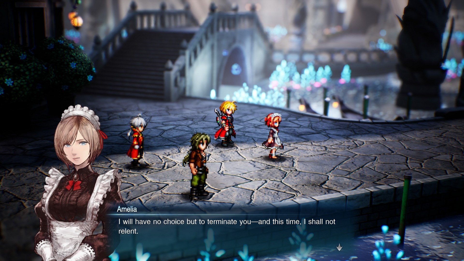 Amelia, dressed as a maid, threatens to terminate a character in Final Fantasy Resonance