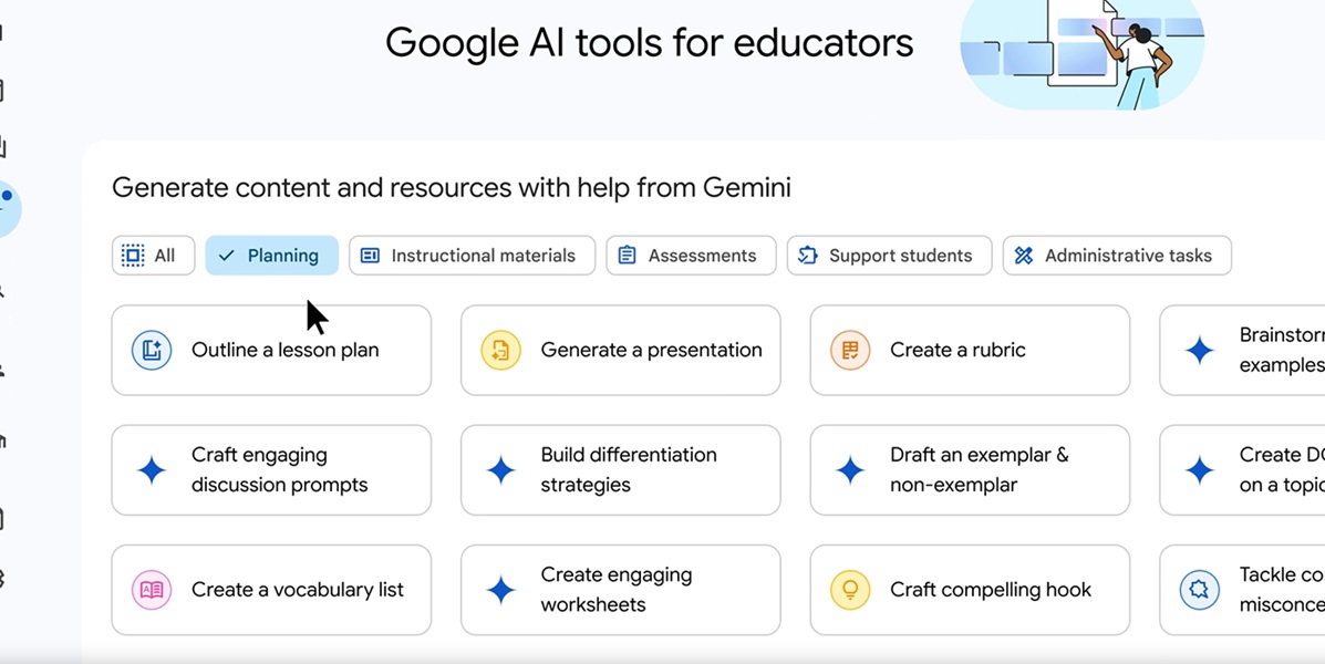 Google is rolling out over 30 new AI features for educators, like create a lesson plan or create a rubric or quiz.