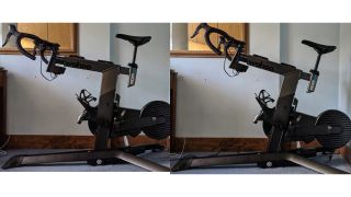 Two identical views of the Wahoo Kickr Bike V2, the second showing max incline setting