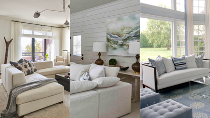 Three images of white couches in living rooms.