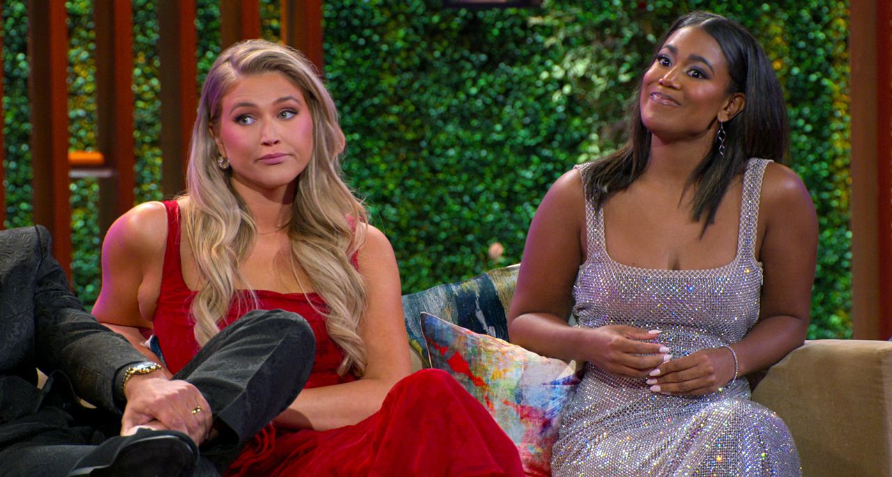 Hannah Jiles and Marrisa George look frustrated at the love is blind season 7 reunion