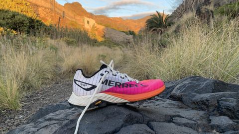 Merrell Long Sky 2 Matryx women’s trail running shoes on a rock