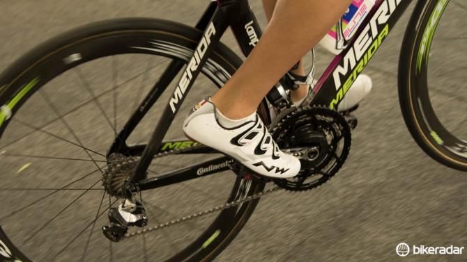 Although Bono Matteo is racing in what looks to be the velcro-equipped Northwave Extreme 3S and training in short socks to avoid tan lines