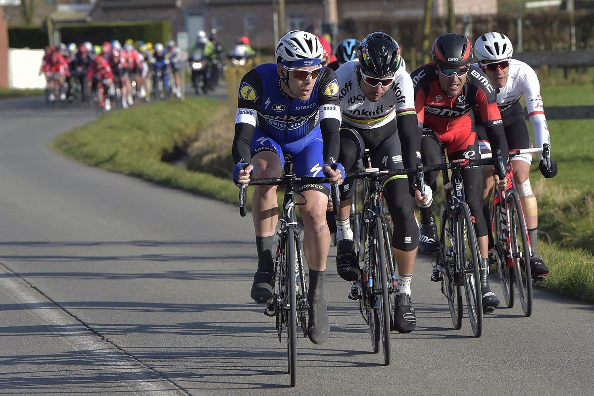 Julien Vermote (Etixx-Quickstep) leads Peter Sagan and Greg Van Avermaet