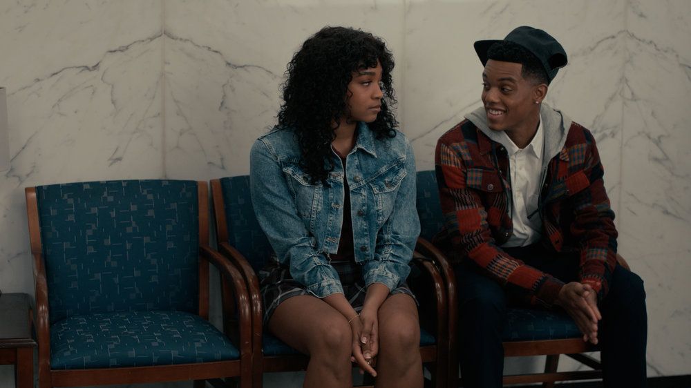 Simone Joy Jones as Lisa and Jabari Banks as Will sitting at the hospital in Bel-Air season 2