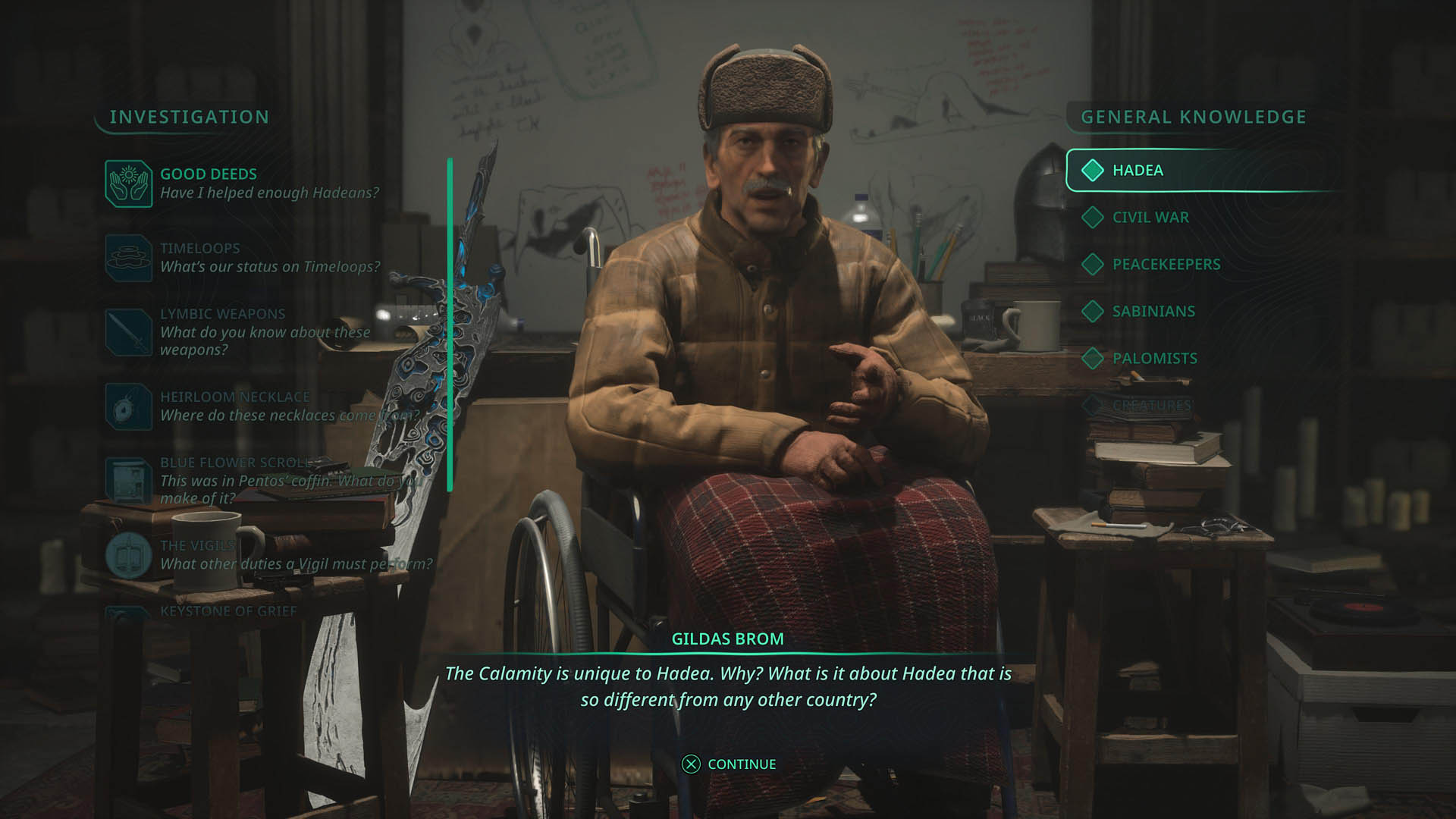 Gildas Brom, wrapped up in winter clothin and in a wheelchair, tells Remi about The Calamity in Hell is Us