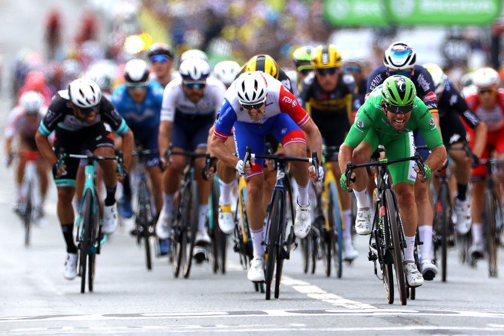 CHATEAUROUX FRANCE JULY 01 Arnaud Dmare of France and Team Groupama FDJ Mark Cavendish of The United Kingdom and Team Deceuninck QuickStep Green Points Jersey sprint at arrival during the 108th Tour de France 2021 Stage 6 a 1606km stage from Tours to Chteauroux LeTour TDF2021 on July 01 2021 in Chateauroux France Photo by Tim de WaeleGetty Images