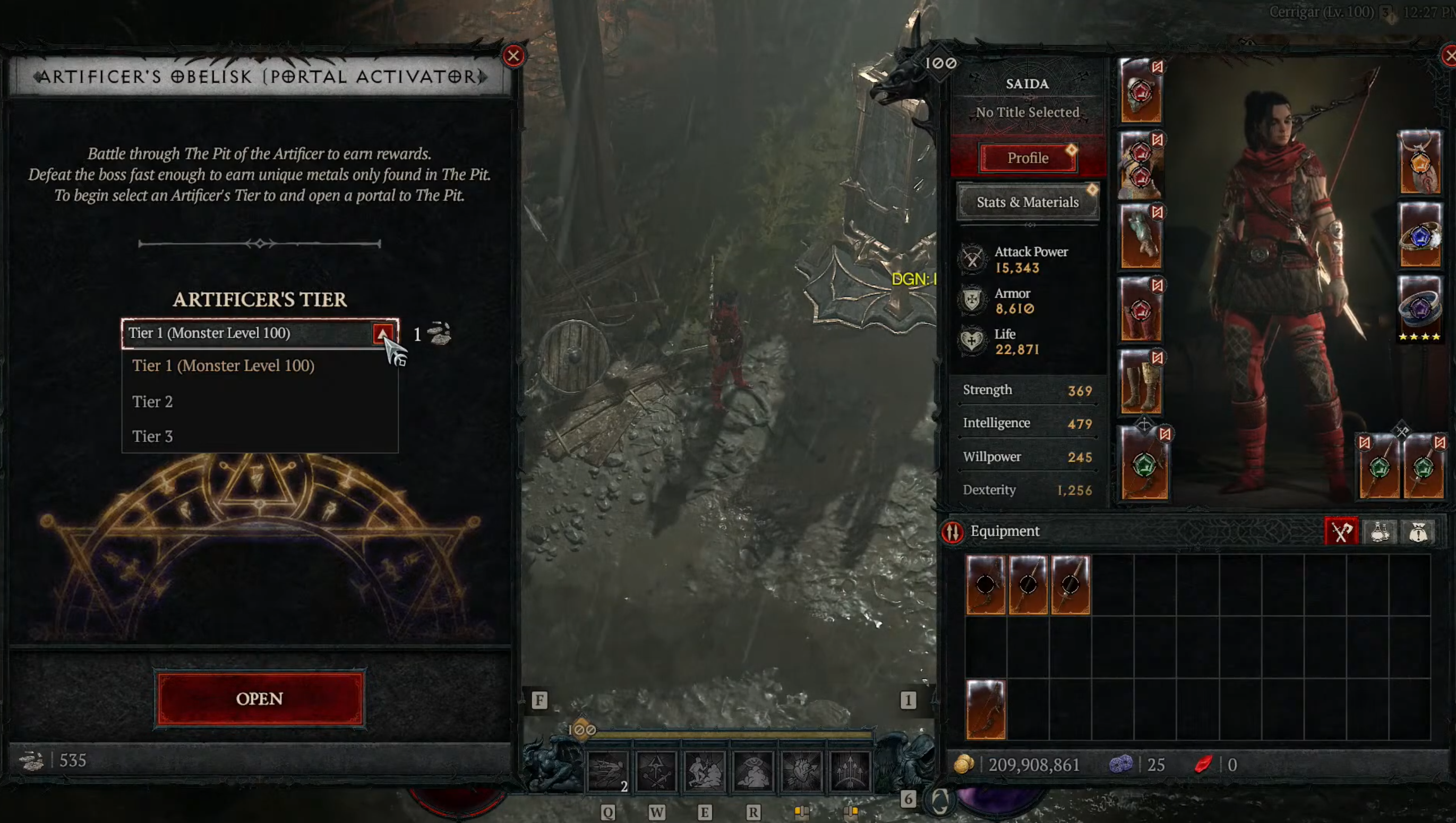Diablo 4 in-development screenshot of a rogue using an Artificer's Obelist to open up a tier 1 dungeon.