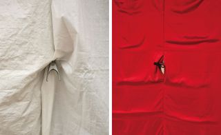Left: a clipped and tied tarpaulin and right: silk, iron and rubber create an erotic moment