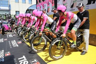 Lawson Craddock (right) gets ready to start the Tour de France TTT