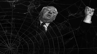 Alfred Hitchcock hanging onto a large fake spiderweb on Alfred Hitchcock Presents