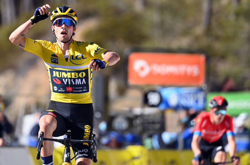 Slovenian Primoz Roglic of Team JumboVisma celebrates after winning the seventh stage of 79th edition of the ParisNice cycling race 1665km from Nice to Valdeblore La Colmiane France Saturday 13 March 2021 BELGA PHOTO POOL Photo by POOLBELGA MAGAFP via Getty Images