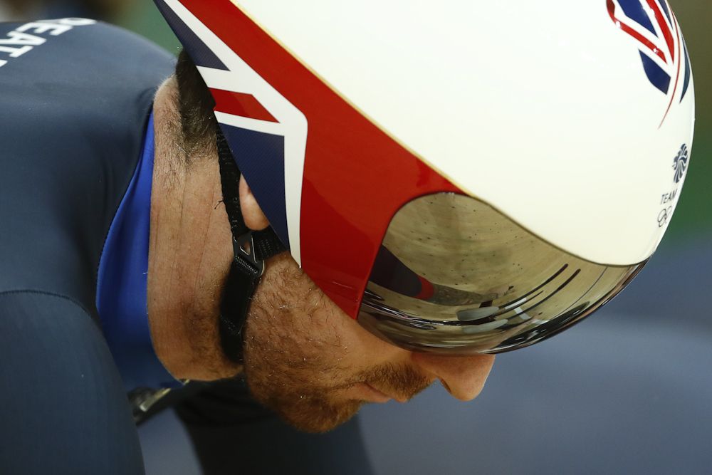 Bradley Wiggins prepares to start his ride in the team pursuit finals.