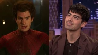 Andrew Garfield as Spider-Man in Spider-Man: No Way Home and Joe Jonas on The Tonight Show