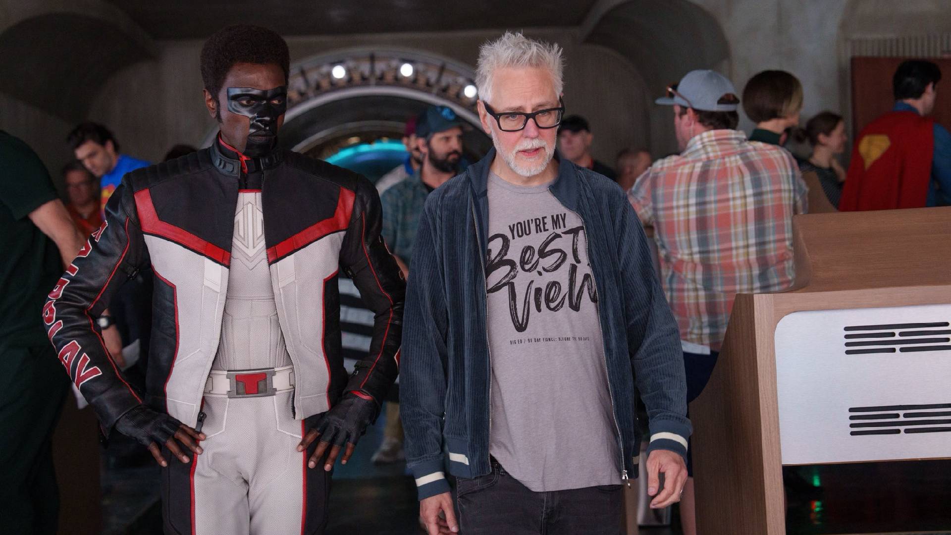 James Gunn and Edi Gathegi on set of Superman