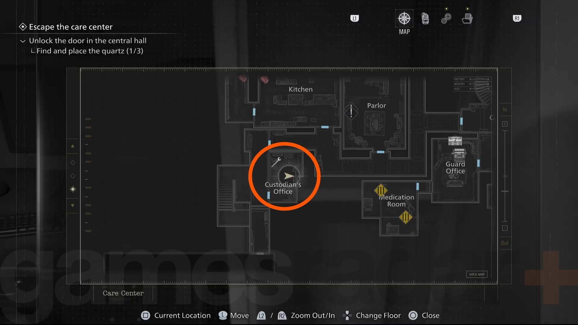 The in-game map highlighting the location of the wrench to open the Resident Evil Requiem Cold Storage door