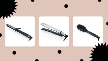 three of the products in the ghd Cyber Monday sales—ghd curve classic curl tong, ghd white platinum+ and ghd glide hot brush—on a soft pink background with black festive decorations