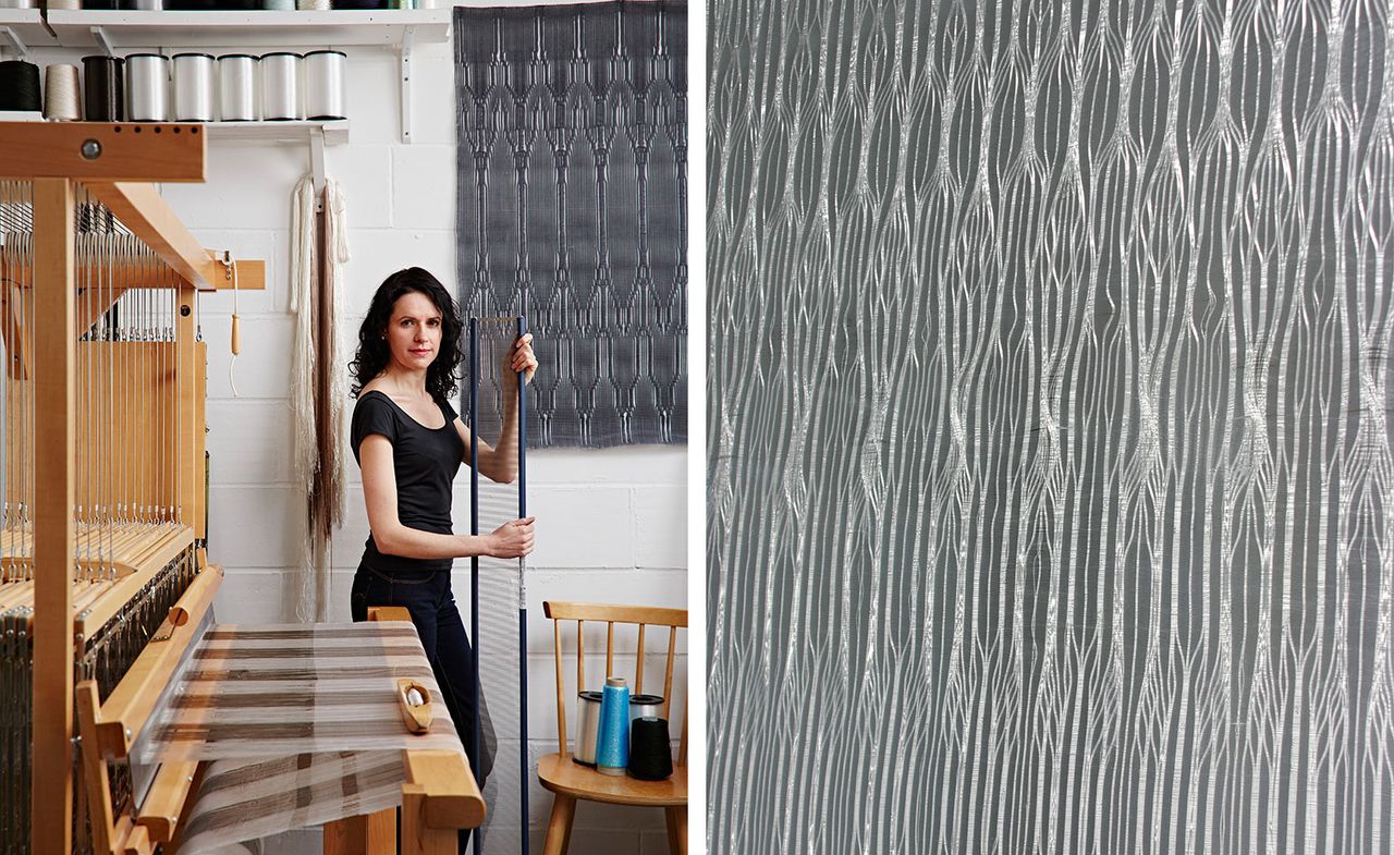 Left, textile artist Rita Parniczky, winner of the 2016 Perrier-Jouët Arts Salon Prize. Right, an example of the artist&#039;s woven textile work