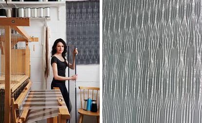 Left, textile artist Rita Parniczky, winner of the 2016 Perrier-Jouët Arts Salon Prize. Right, an example of the artist's woven textile work