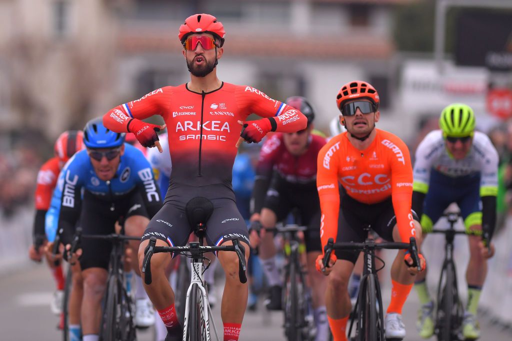 SAINTESMARIESDELAMER FRANCE FEBRUARY 13 Arrival Nacer Bouhanni of France and Team Arka Samsic Celebration Jakub Mareczko of Italy and CCC Team Giacomo Nizzolo of Italy and Team NTT Pro Cycling during the 5th Tour de La Provence 2020 Stage 1 a 1495km stage from Chteaurenard to SaintesMariesDeLaMer TDLP letourdelaprovence TDLP2020 on February 13 2020 in SaintesMariesDeLaMer France Photo by Luc ClaessenGetty Images