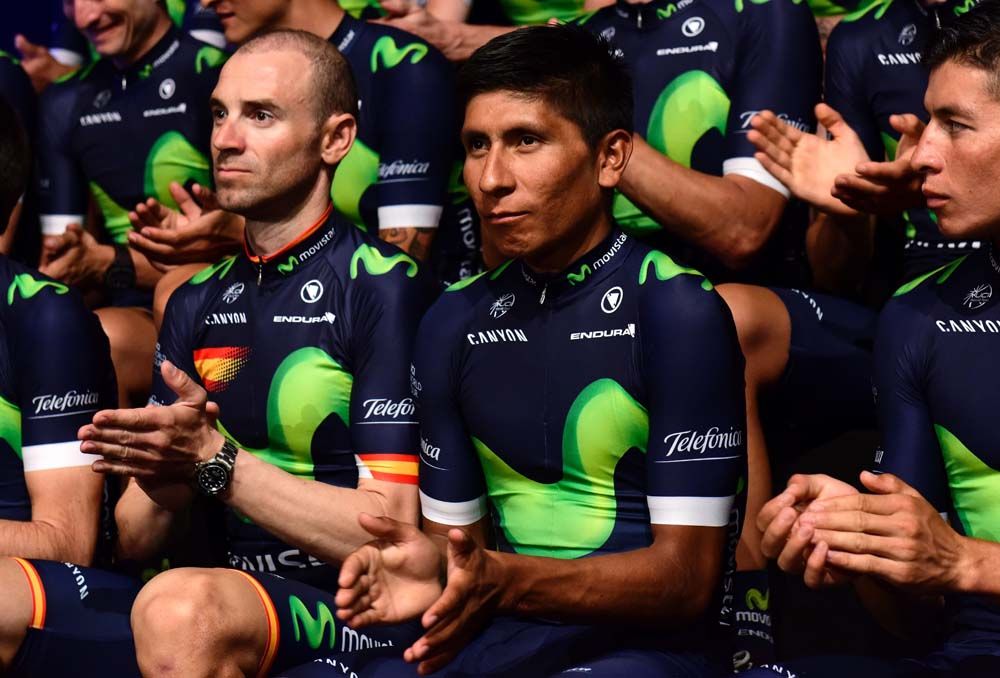 Alejandro Valverde and Nairo Quintana clap during the presentation