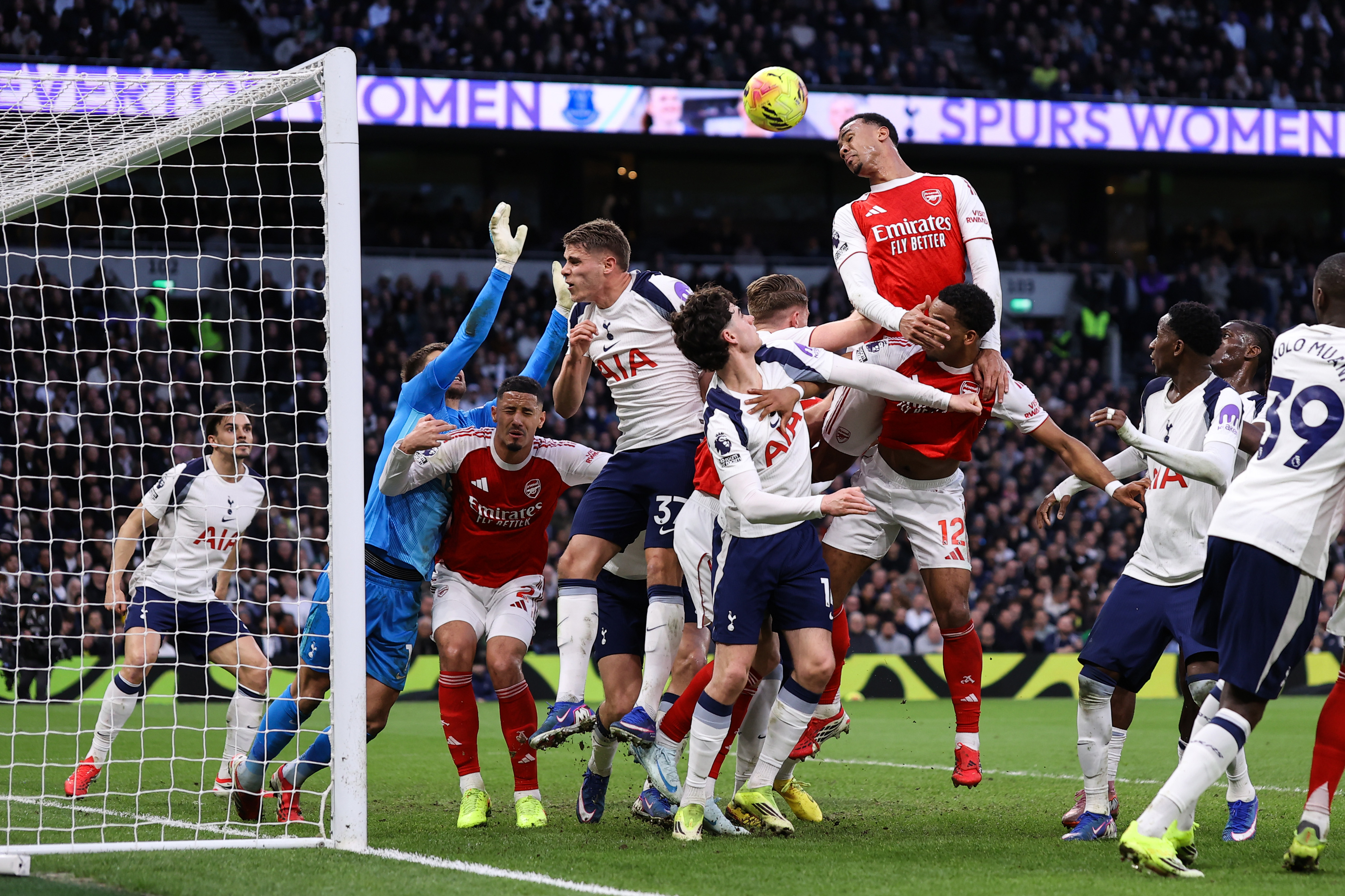 LONDON, ENGLAND - FEBRUARY 22: Gabriel of Arsenal heads the ball at a corner during the Premier League match between Tottenham Hotspur and Arsenal at Tottenham Hotspur Stadium on February 22, 2026 in London, United Kingdom. (Photo by Jacques Feeney/Offside/Offside via Getty Images)