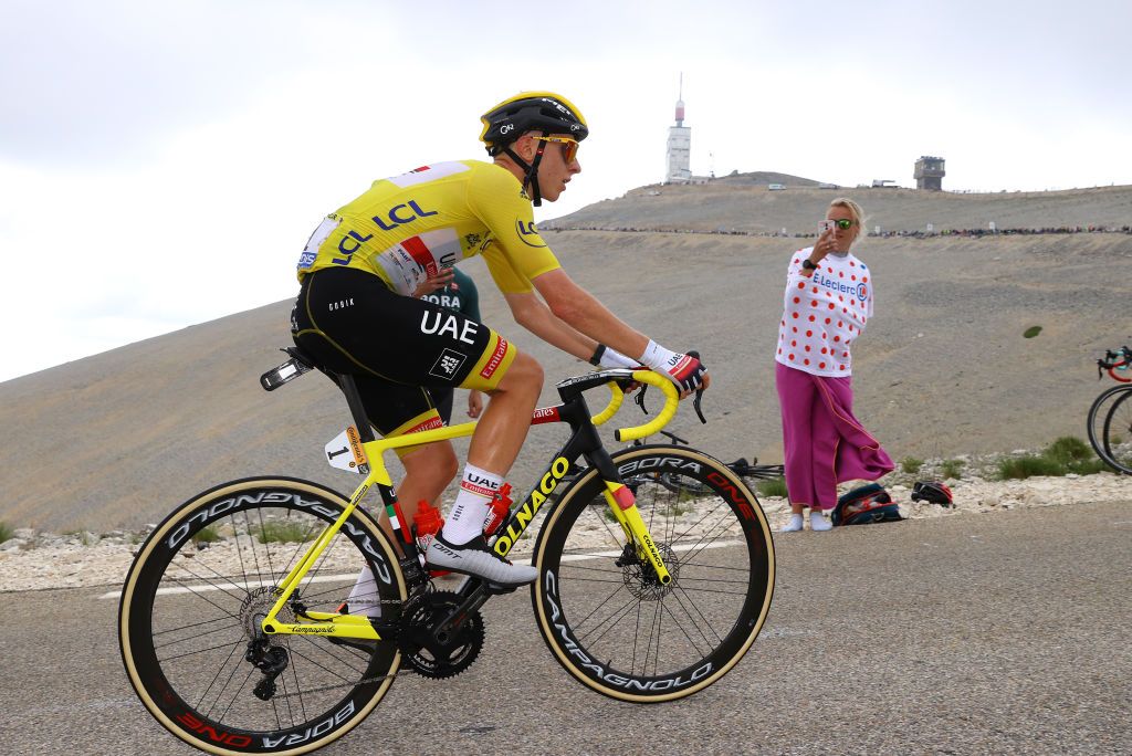 MALAUCENE FRANCE JULY 07 Tadej Pogaar of Slovenia and UAETeam Emirates yellow leader jersey during the 108th Tour de France 2021 Stage 11 a 1989km km stage from Sorgues to Malaucne Mont Ventoux 1910m Public Fans Landscape LeTour TDF2021 on July 07 2021 in Malaucene France Photo by Tim de WaeleGetty Images