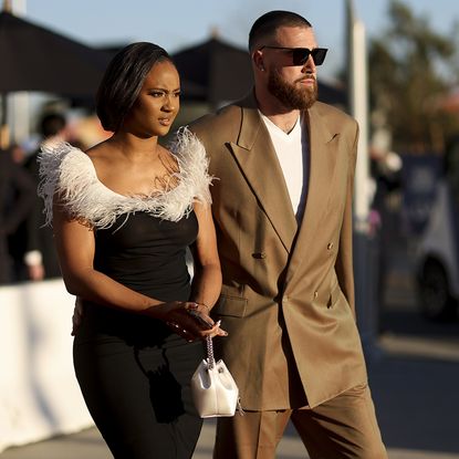 Travis Kelce and his then-girlfriend, Kayla Nicole, arriving at the NFL Honors show at the YouTube Theater on February 10, 2022 in Inglewood, California