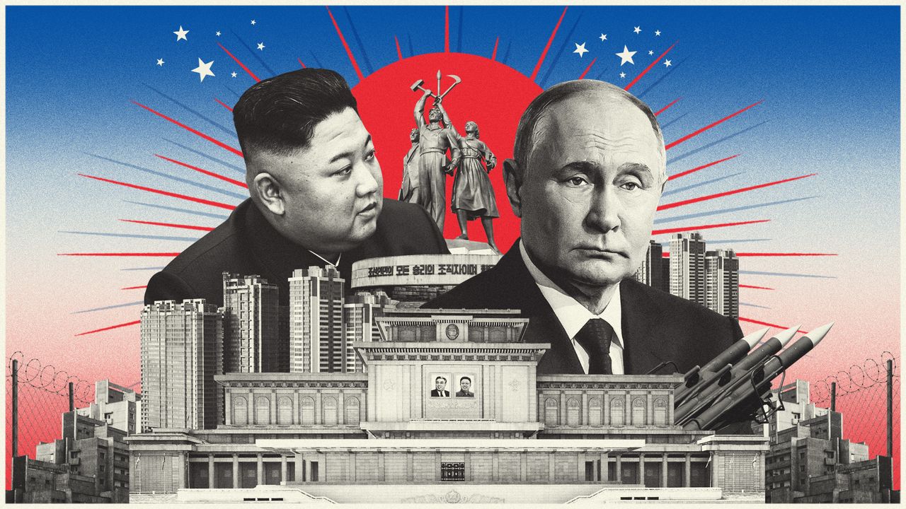 Photo composite of Vladimir Putin, Kim Jong-Un and Pyongyang architecture