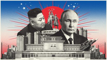 Photo composite of Vladimir Putin, Kim Jong-Un and Pyongyang architecture