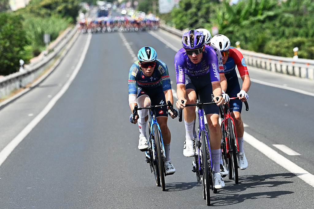 ALMUNECAR, SPAIN - SEPTEMBER 04: (L-R) Fabio Van Den Bossche of Belgium and Team Soudal Quick-Step and Asbjorn Hellemose of Denmark and Team Jayco AlUla compete in the breakaway during the La Vuelta - 81st Tour of Spain 2026, Stage 13 a 192.8km stage from Almu&amp;ntilde;ecar to Loja 501m / #UCIWT / on September 04, 2026 in Almunecar, Spain. (Photo by Tim de Waele/Getty Images)