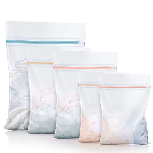 Rnoafmu 5-Pack Mesh Laundry Bags for Delicates | Zippered Wash Bags for Bras, Shoes, Travel, College Dorm Essentials in 3 Sizes (2 Small, 2 Medium, 1 Large)