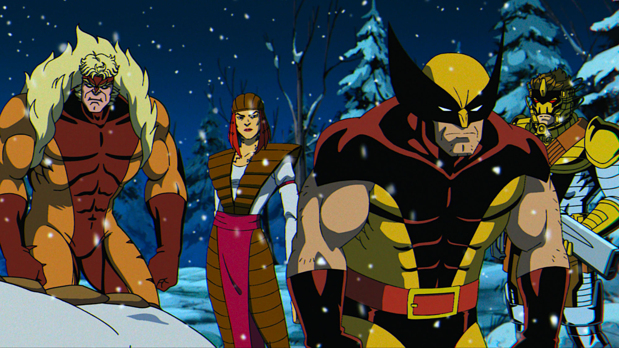 Sabretooth, Lady Deathstrike, Wolverine, and Maverick standing in the show at night in X-Men 97 season 2 episode 5